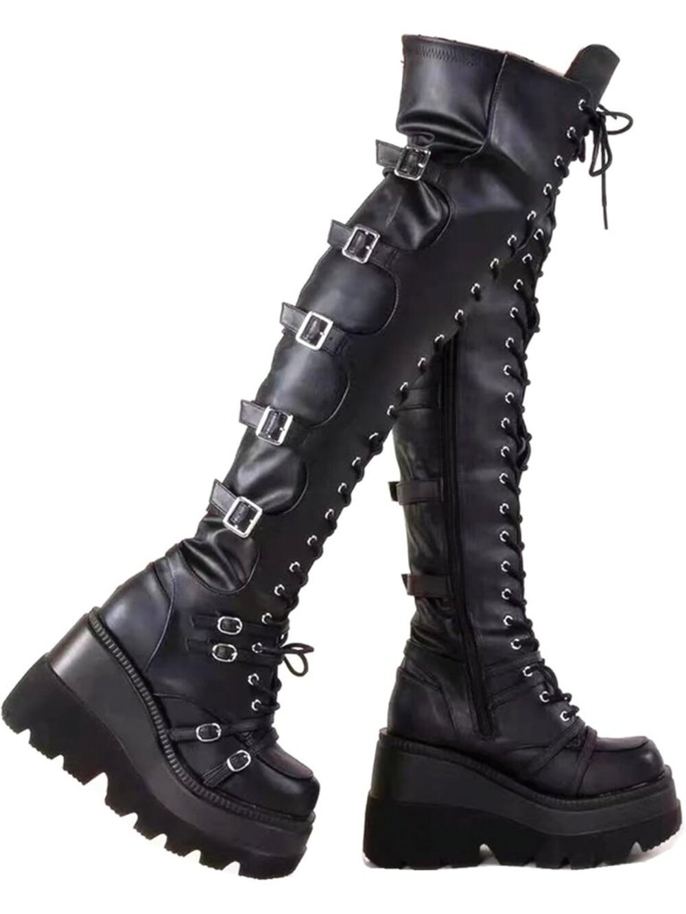 🆕Women's Black Over Knee Thigh High Boots Buckle Side ZIP Chunky Heel Shoes